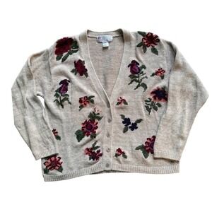 VTG Floral Embroidered Cardigan‎ Cottagecore Cozy Cabin grannycore garden 80s Lg